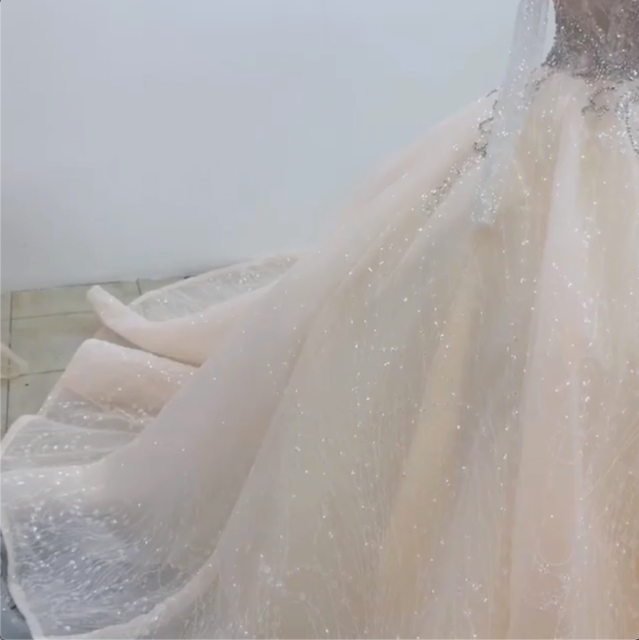 Nude peach princess long sleeves sparkle beaded ball gown wedding dress ...
