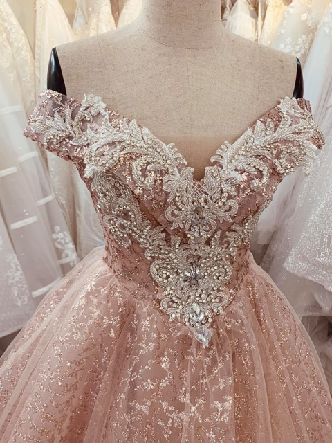 Princess pastel pink off the shoulder beaded bodice sparkle ball gown ...