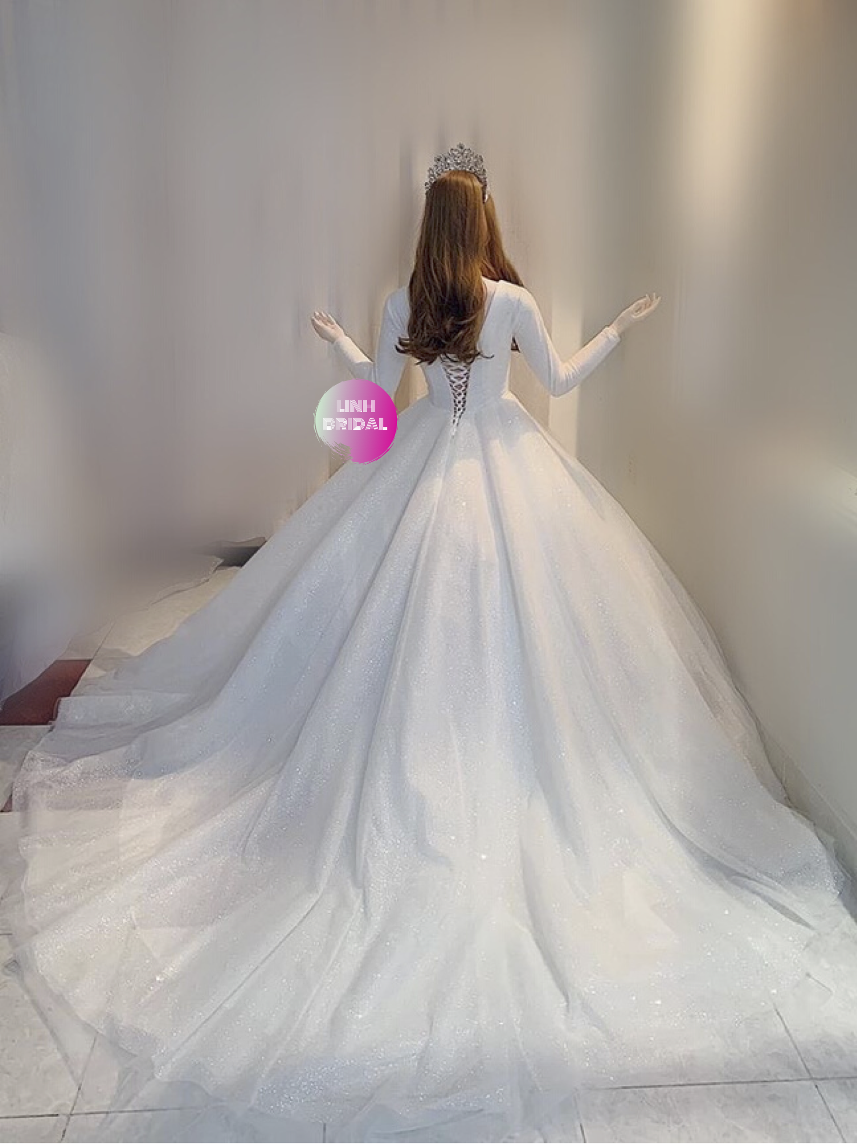Long sleeves deep V neck sparkle white ballgown wedding dress with ...