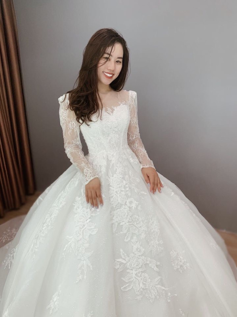 Feminine long sleeves floral lace white ball gown wedding dress ...