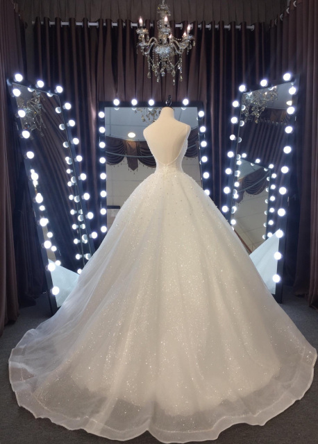 Pearl beaded strapless or thin straps white wedding dress with short train