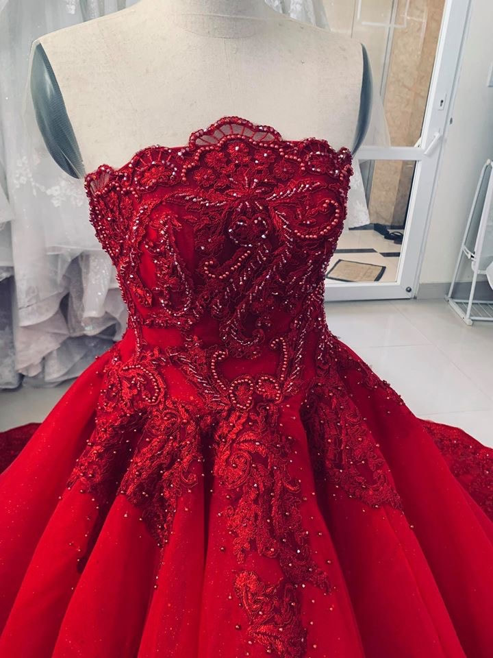 Ruby Red Floral Off-shoulder Short Sleeve Prom Gown - Promfy