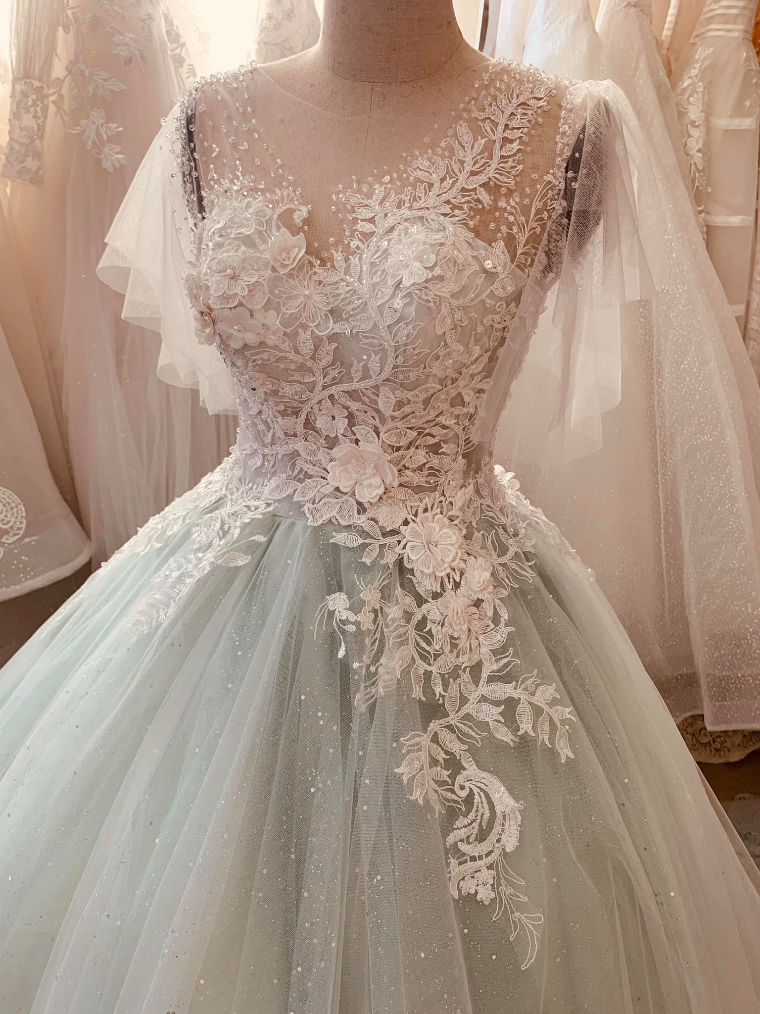 Various styles - Pastel mint green floral lace ball gown wedding dress
