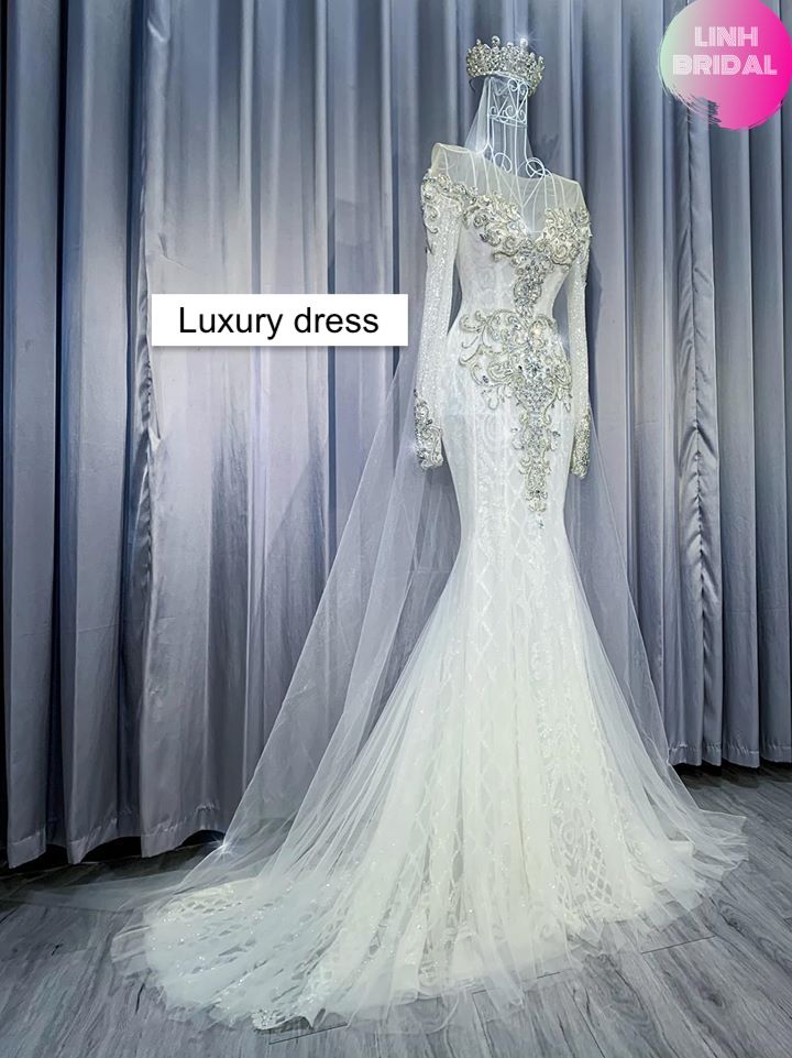 Luxurious sparkle white beaded crystals long sleeves mermaid wedding ...