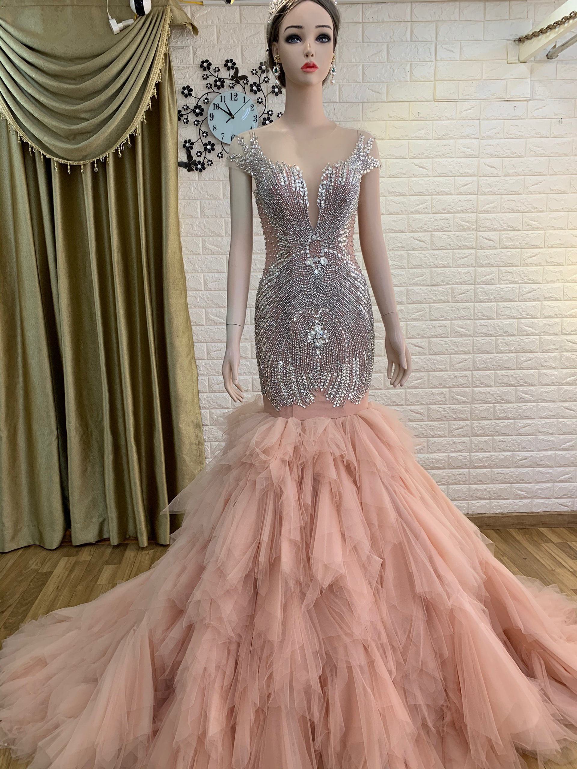 Glamorous beaded sleeveless grey or pink mermaid wedding/evening dress ...