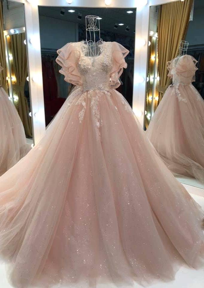 Pretty light pink or white lace ruffle flutter sleeve ball gown wedding