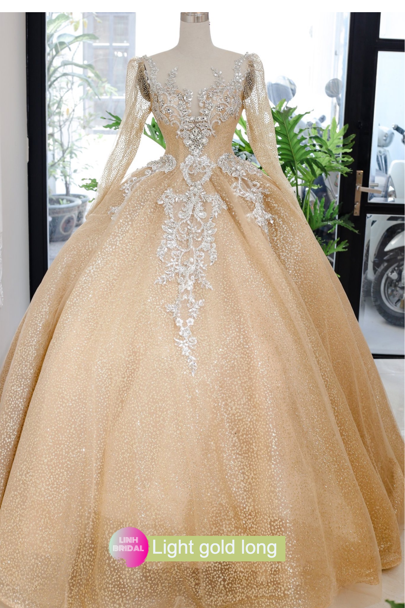 Light gold beaded long or short sleeves sparkle ball gown