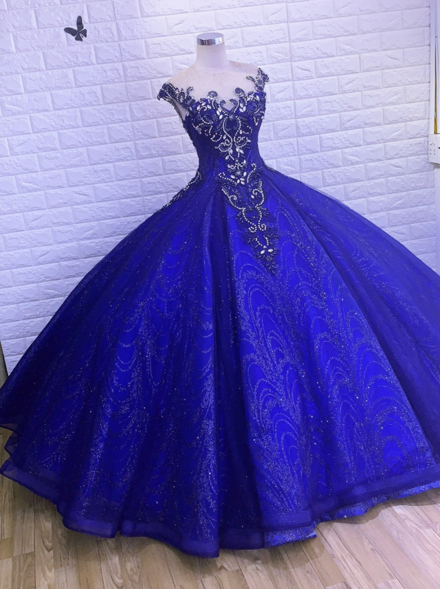Royal blue short sleeves or cap sleeves sparkle beaded ball gown ...