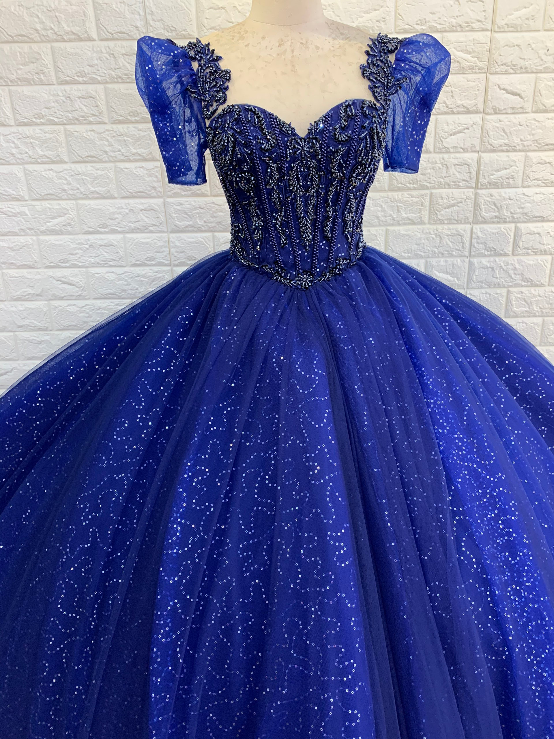 Royal blue short sleeves or cap sleeves sparkle beaded ball gown