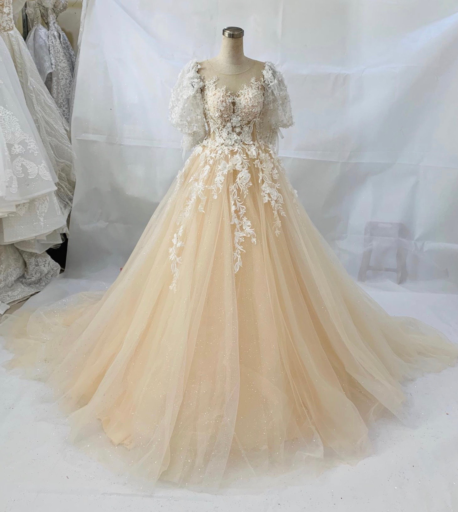 Various styles - Nude beige lace applique wedding dress with tulle skirt