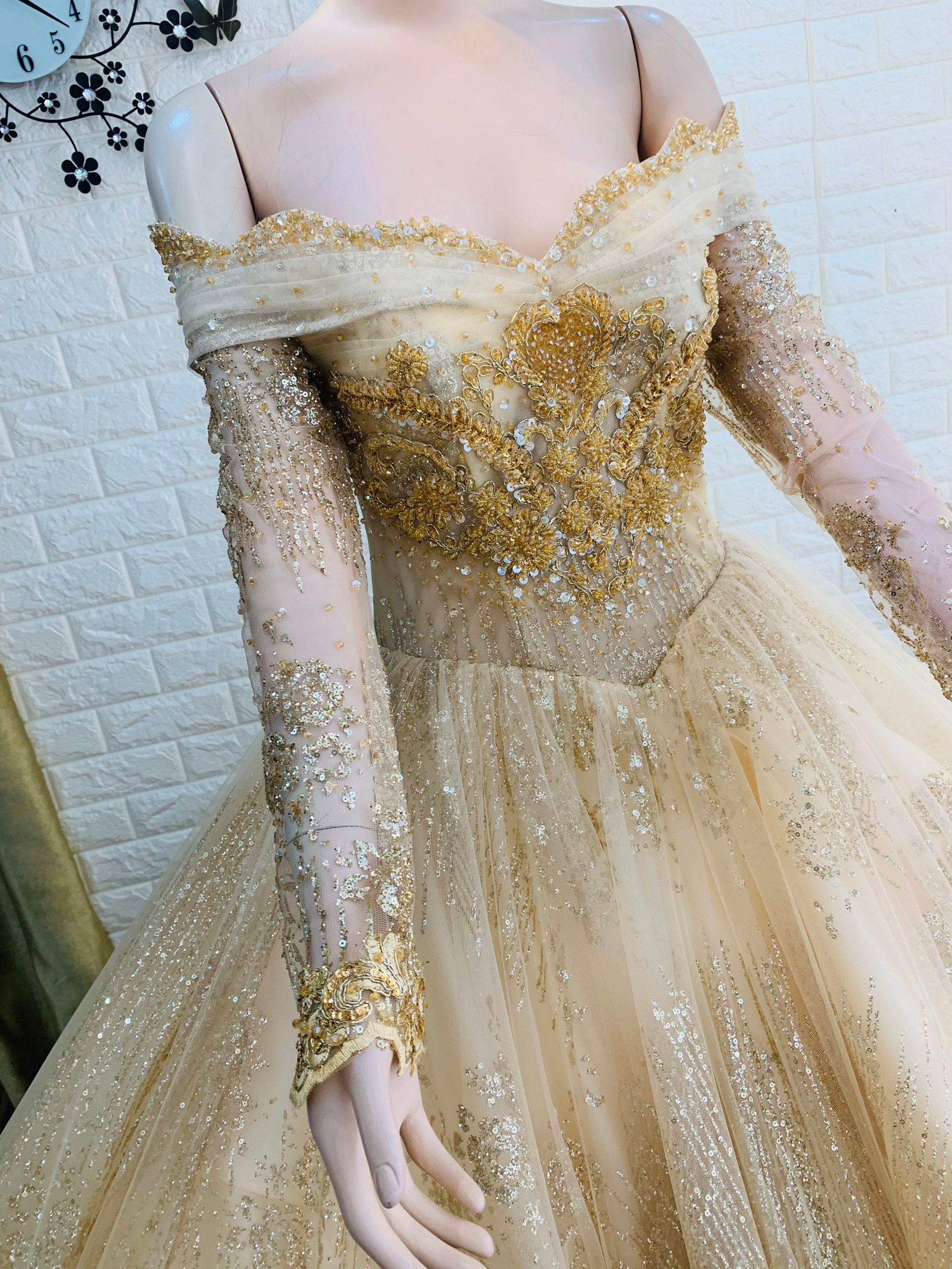 Long sleeves gold beaded sparkle ball gown wedding dress with glitter tulle  - various styles