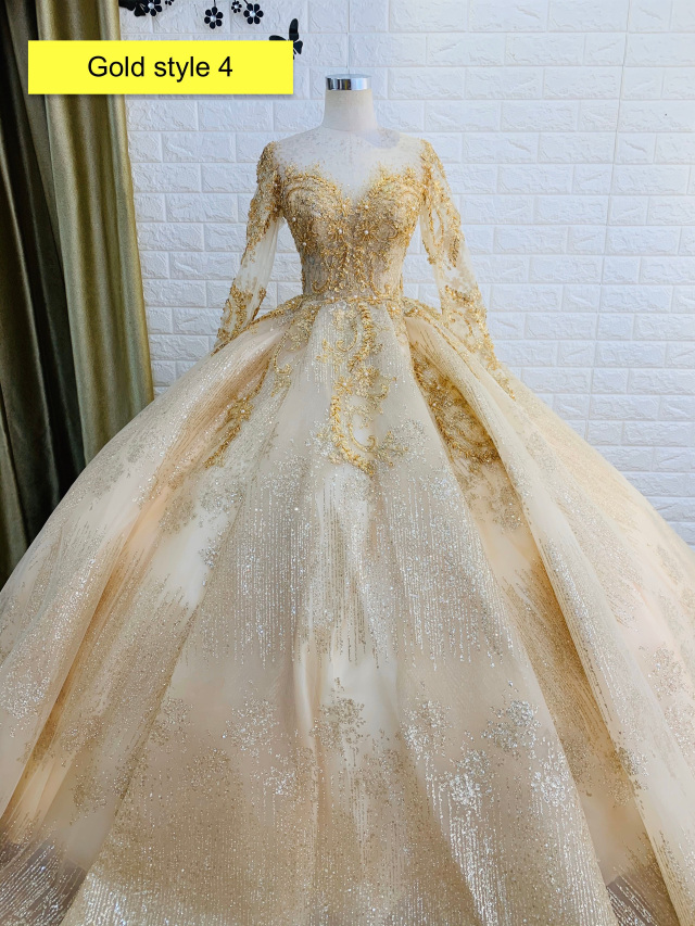 Long sleeves gold beaded sparkle ball gown wedding dress with glitter ...