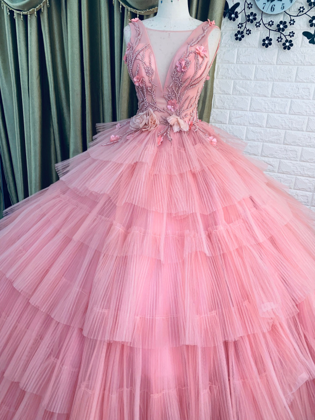 Tiered tutu skirt sweet pink sleeveless ball gown wedding dress with 3D ...