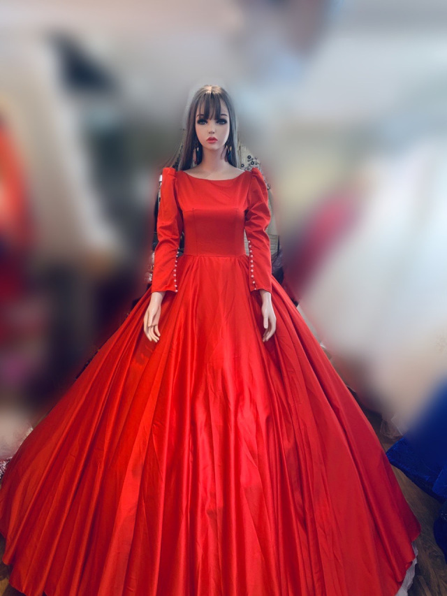 Red or pink elegant long sleeves satin ball gown wedding dress with ...