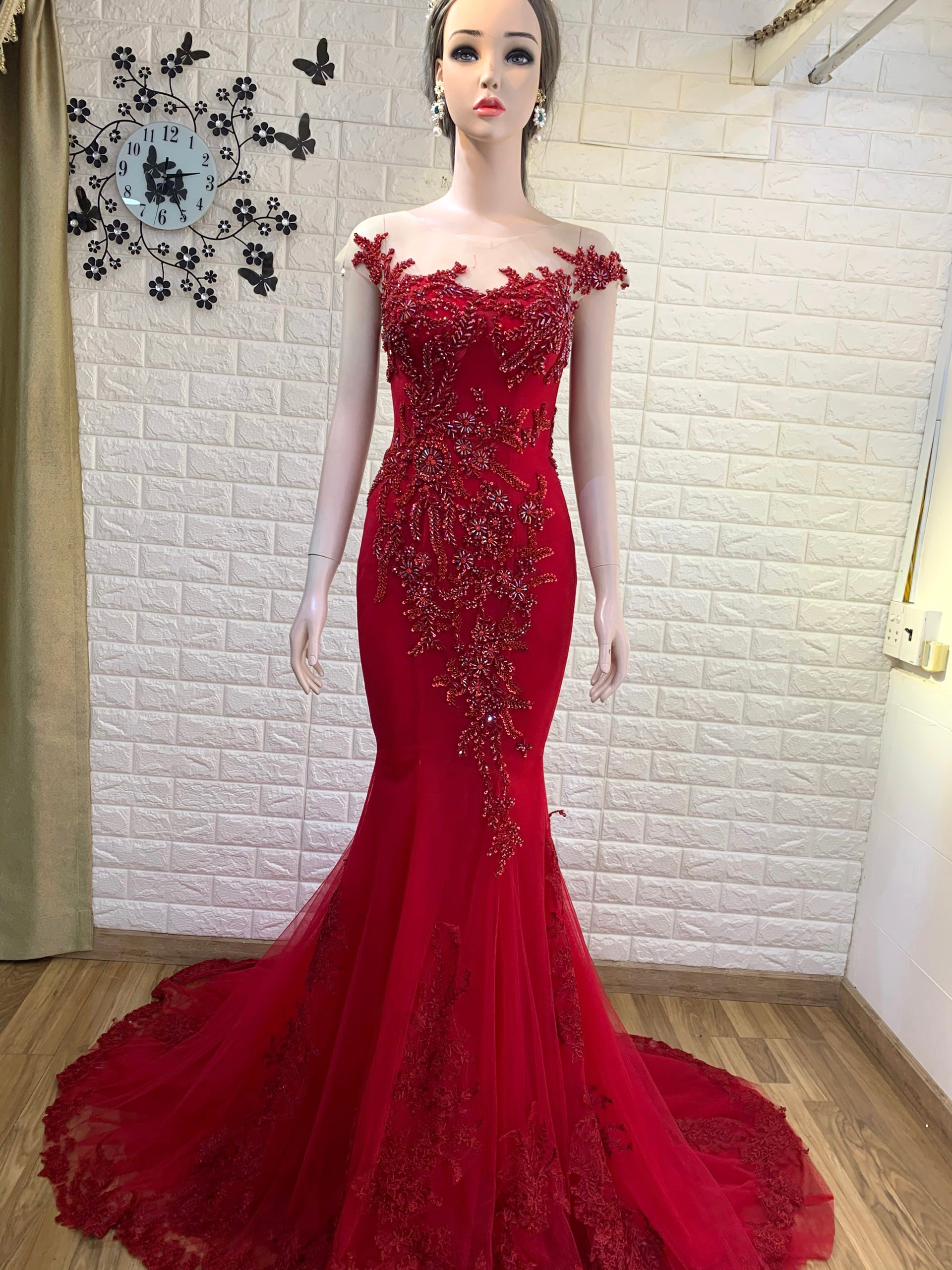 Trendy red cap sleeves beaded floral lace mermaid wedding/evening dress ...