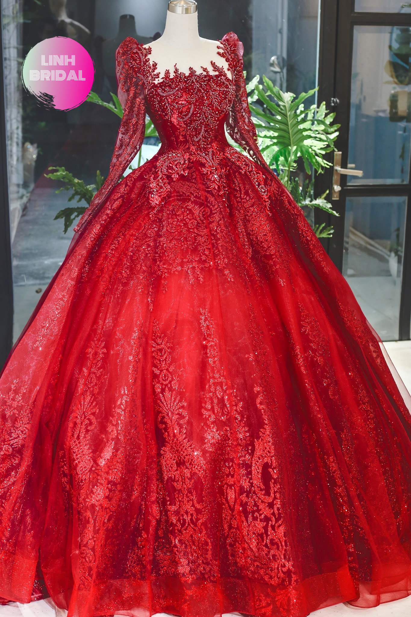 Long sleeves red beaded sparkle ball gown wedding dress