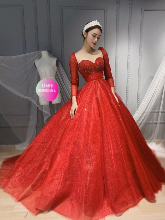 Princess red long sleeves puffy shoulders beaded sparkle ball gown ...