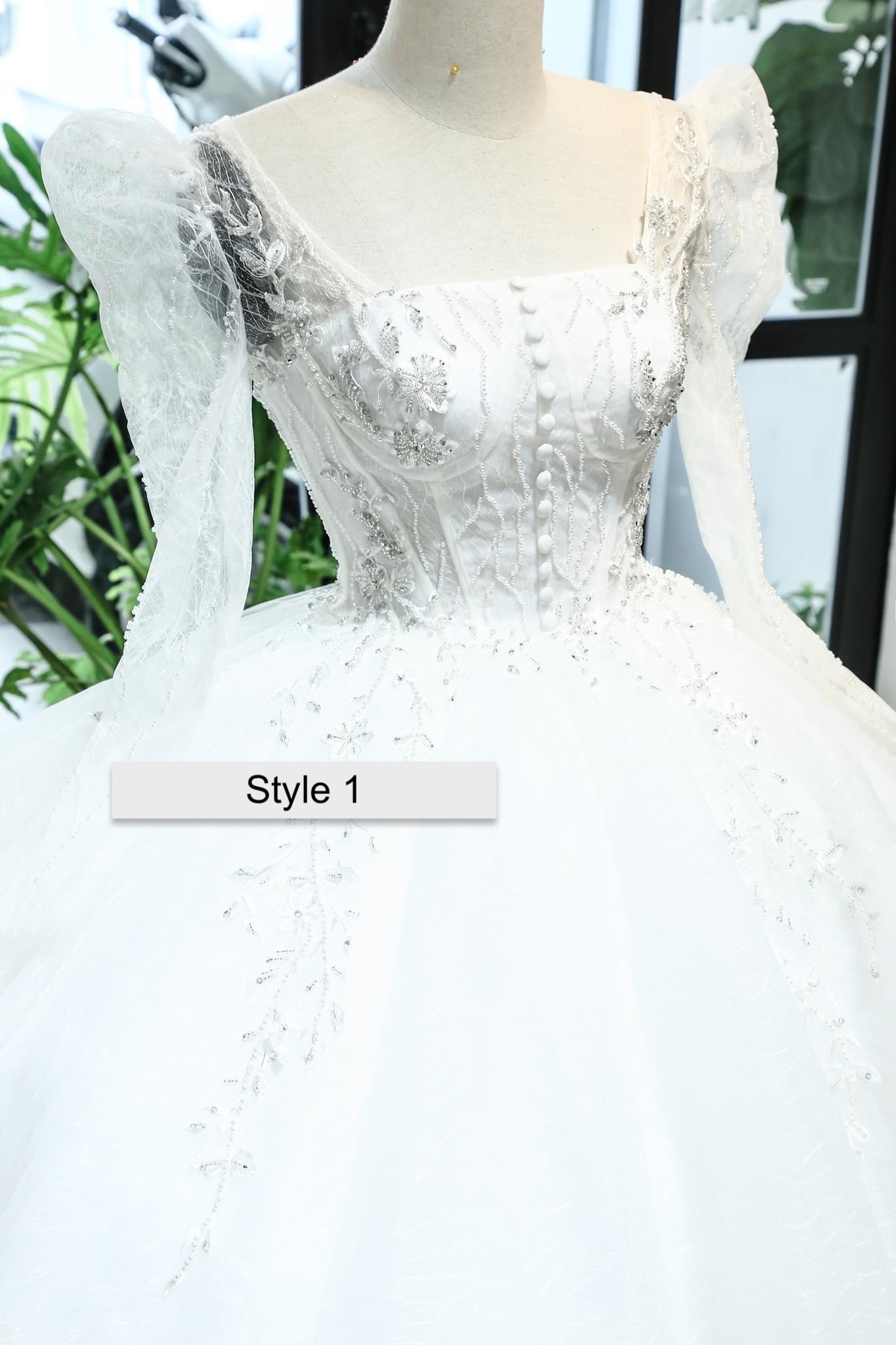 Gracious long sleeves lace white ball gown wedding dress with puffy ...