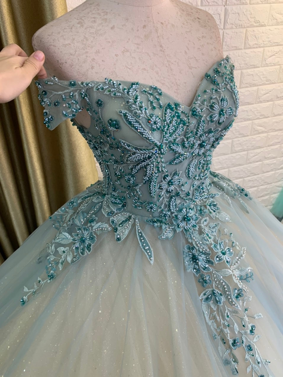 Shades of green - off the shoulder lace ball gown wedding/prom dress ...