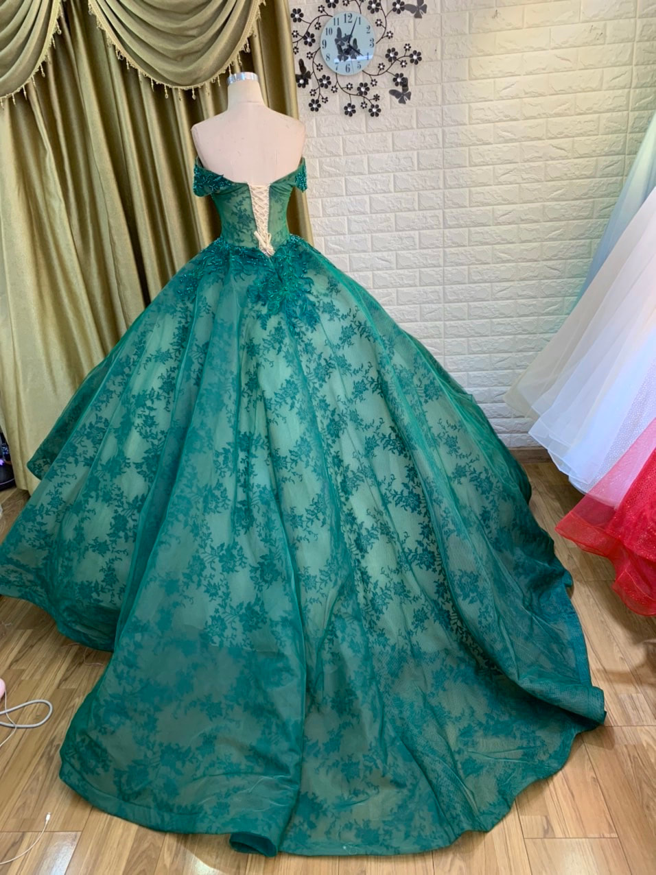 Shades of green - off the shoulder lace ball gown wedding/prom dress ...