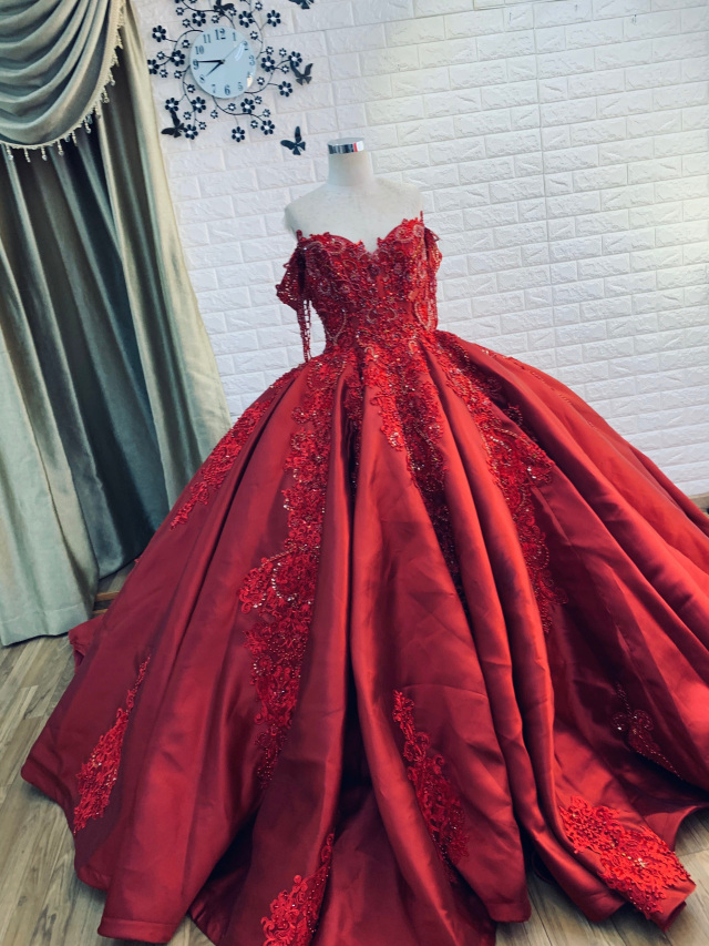 Luxurious taffeta red & gold beaded crystals ball gown wedding/prom ...