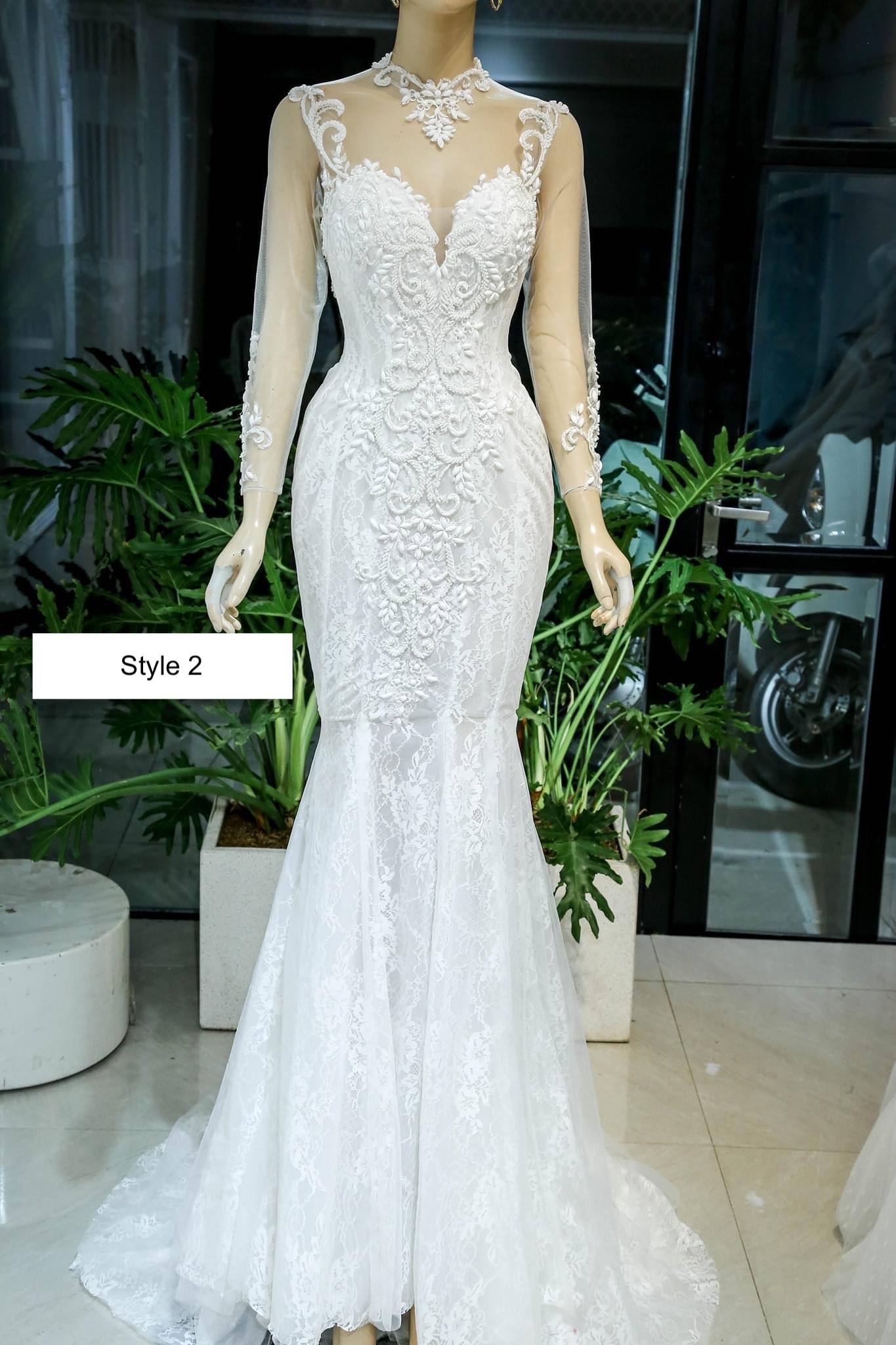 Beaded lace long sleeves white fishtail/mermaid wedding