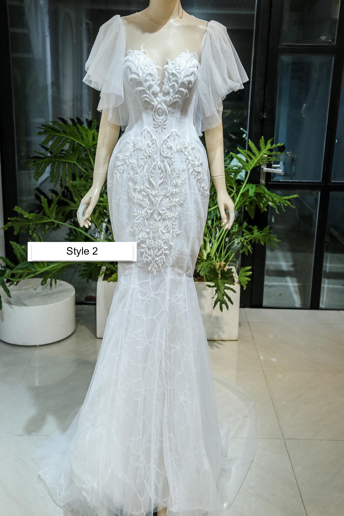 Flutter sleeves V neck white mermaid wedding dress with