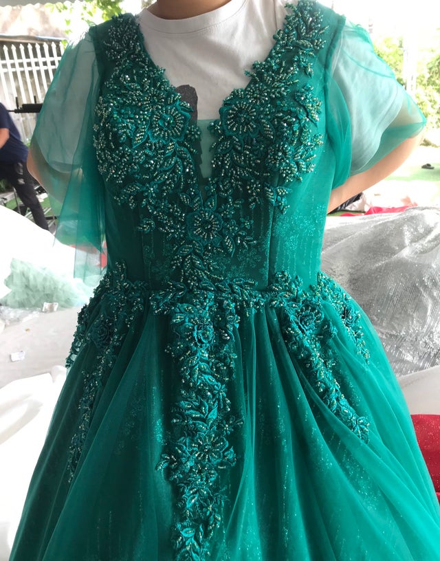 Shades of green - off the shoulder or flutter sleeves beaded ball gown ...