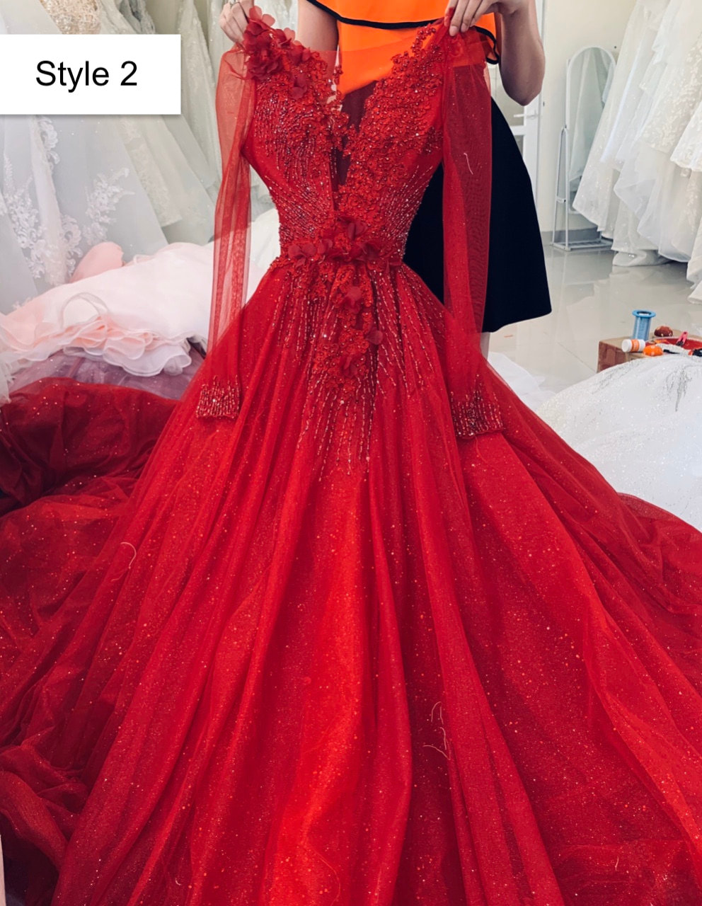 Glitter Red tulle Formal Dress with Lace Top – Dreamdressy