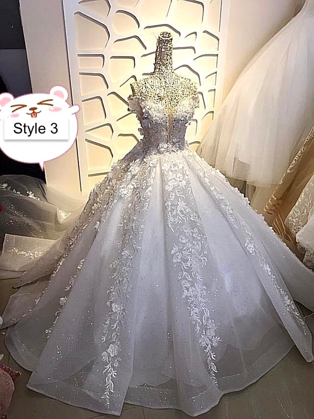 Dreamy princess floral lace white/ivory ball gown wedding dress with ...