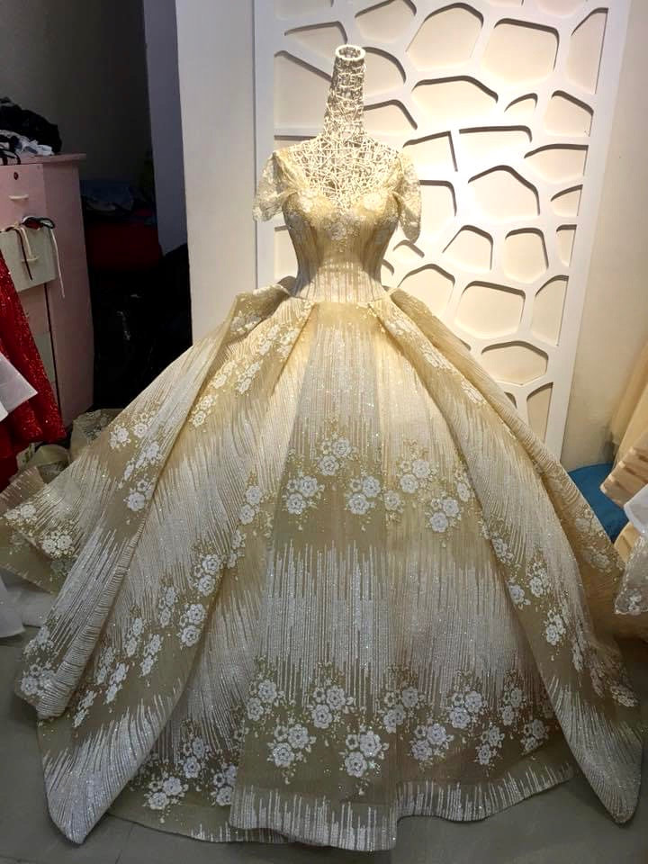 Golden beige flower glitter pattern sparkle ball gown wedding dress ...