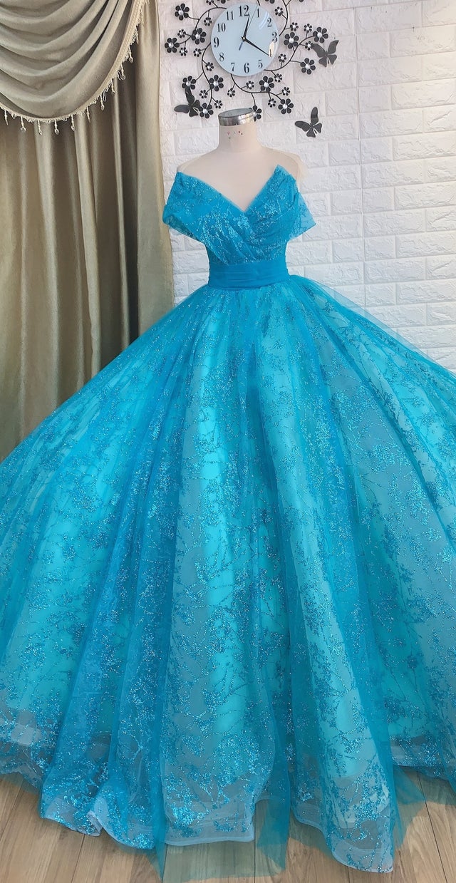 Aqua Blueturquoise Sparkle Princess Ball Gown Wedding Dress With