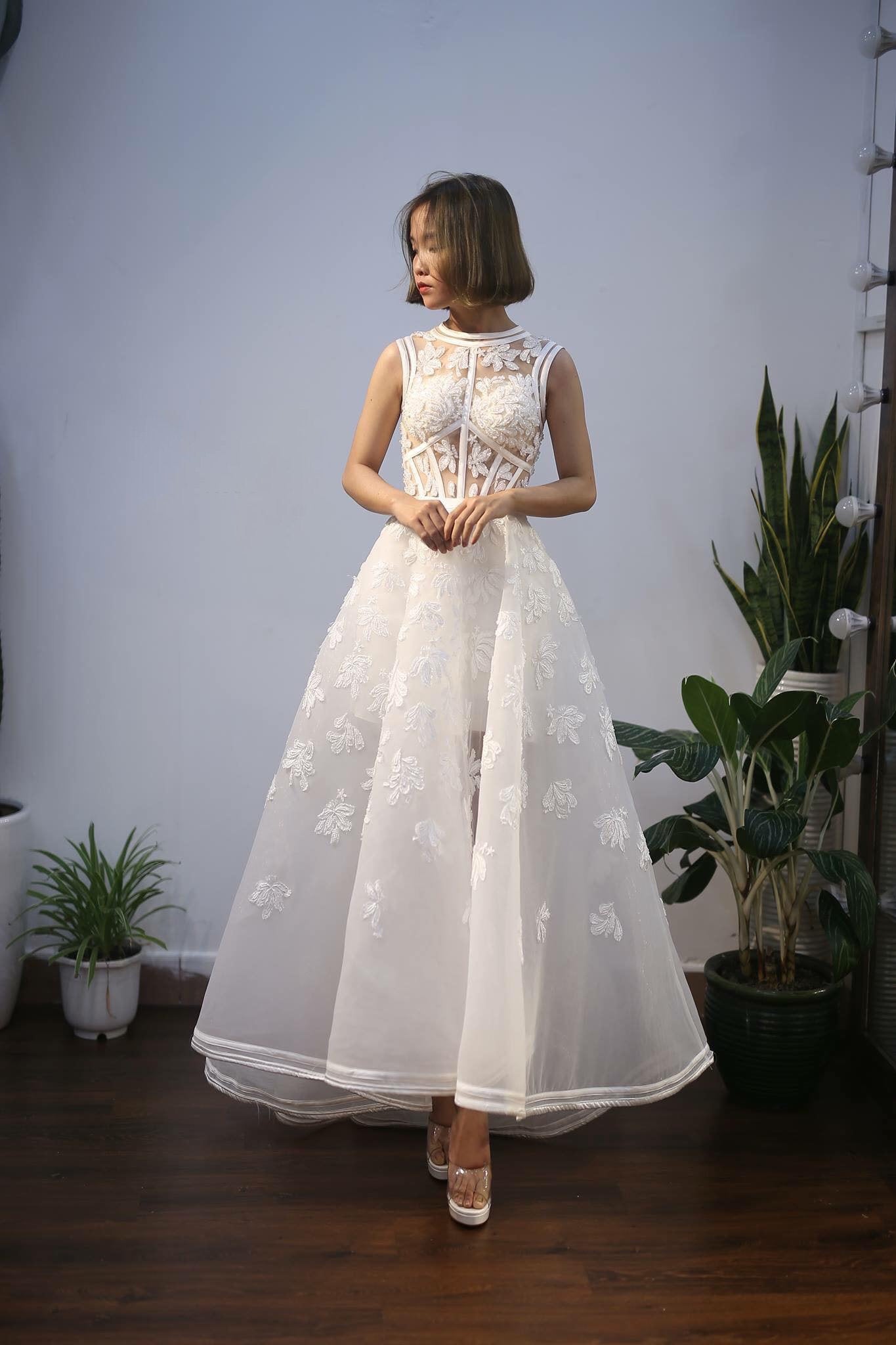 Ankle length highlow sleeveless white floral lace wedding