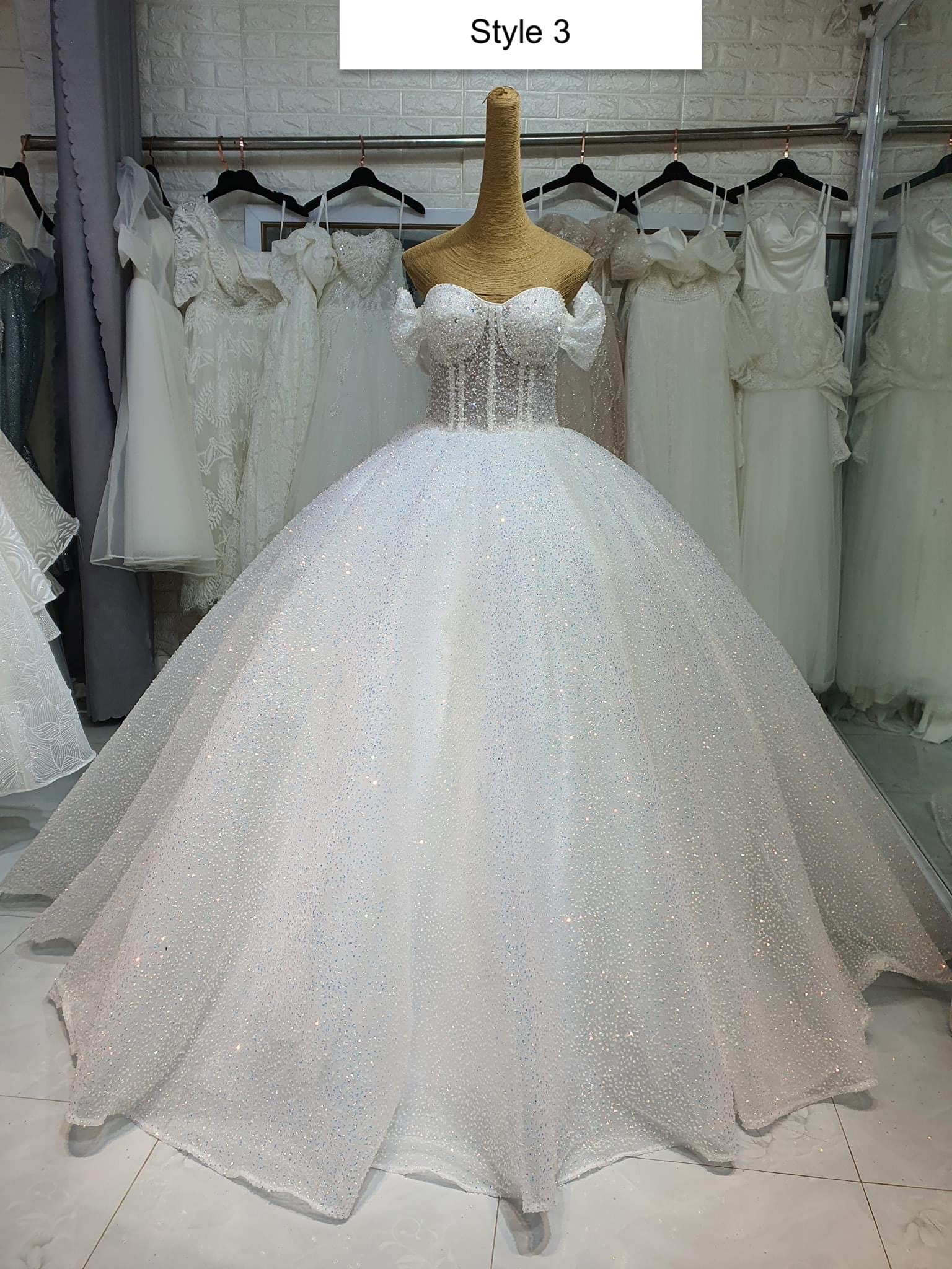 Off the shoulder with drop sleeves white sparkle ballgown wedding dress ...