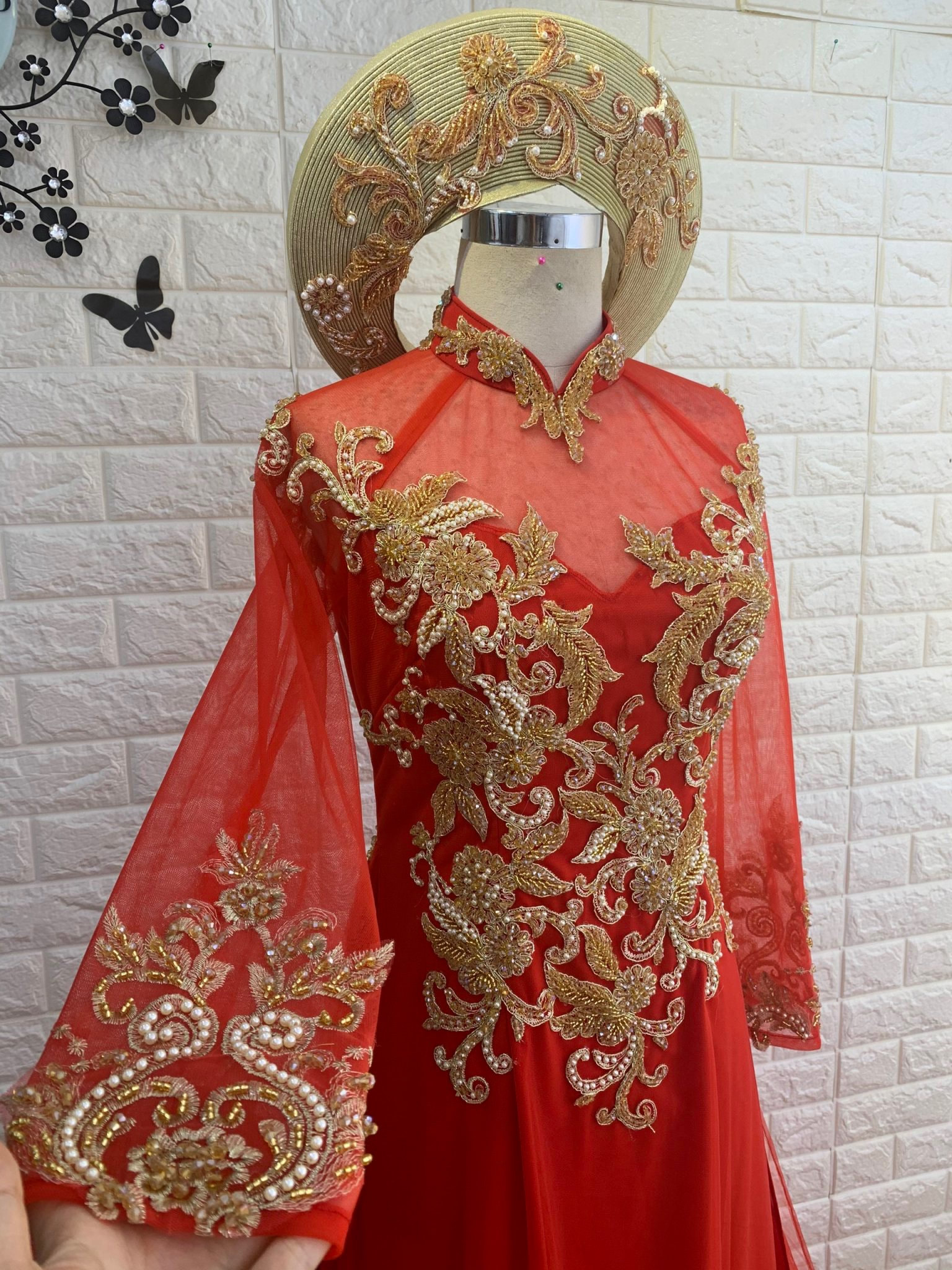 Traditional Vietnamese Wedding Ao Dai in red with gold lace & train