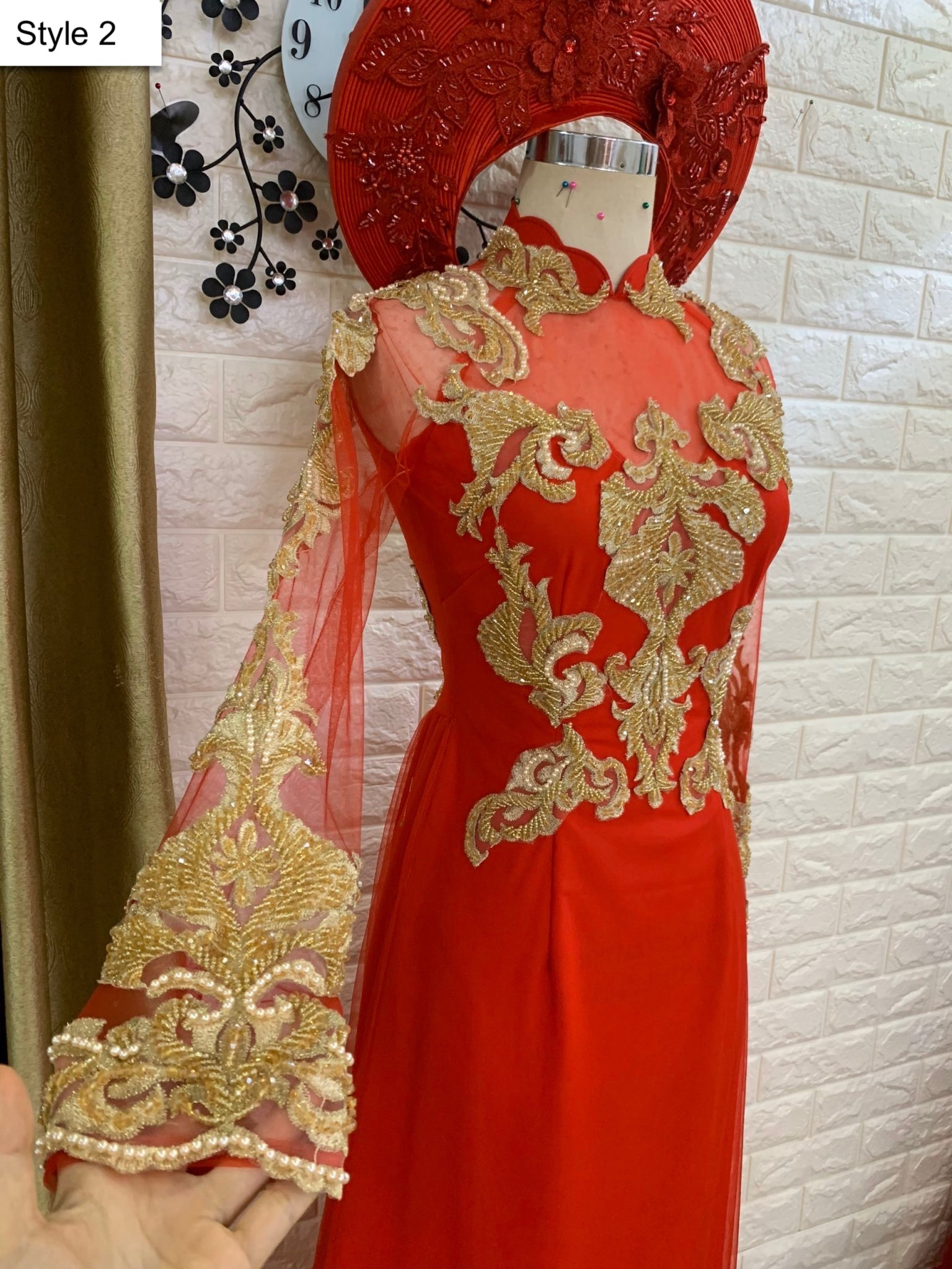 Red Ao Dai VietnameseTraditional Wedding Dress with Gold Embroidery and  Train 