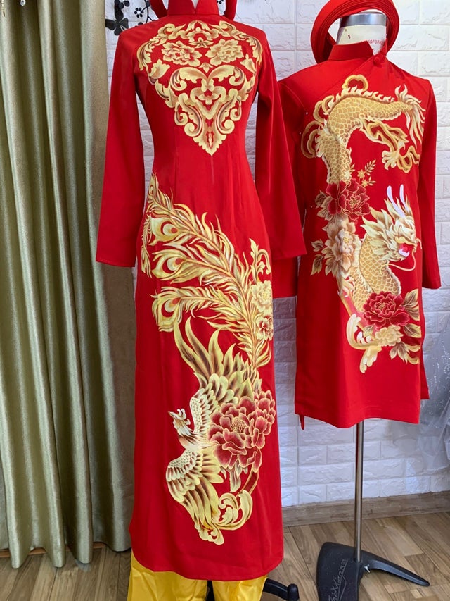 Traditional Vietnamese Wedding Ao Dai in red with gold printed patterns
