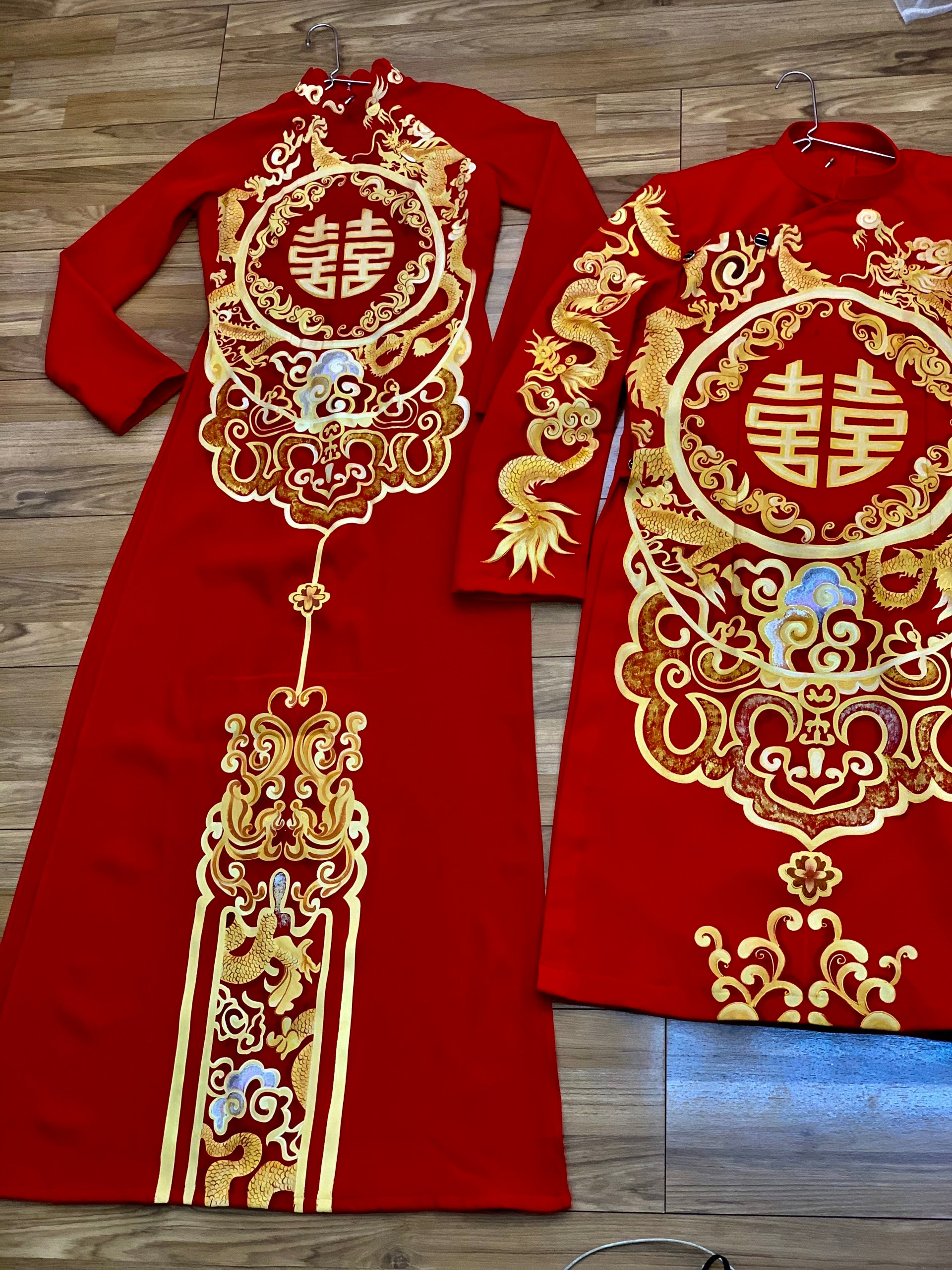 Traditional Vietnamese Wedding Ao Dai in red with gold printed