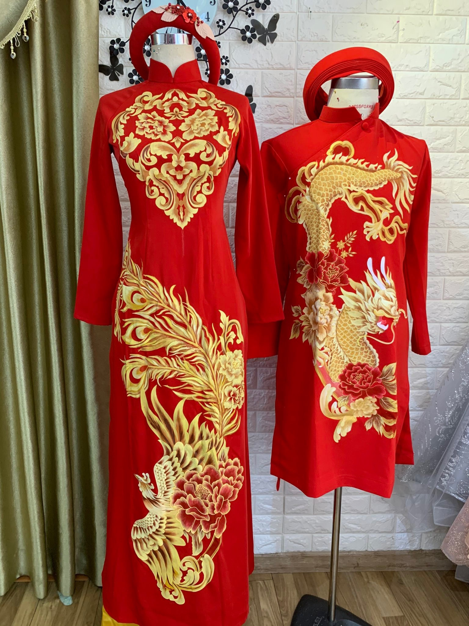 Traditional Vietnamese Wedding Ao Dai in red with gold printed