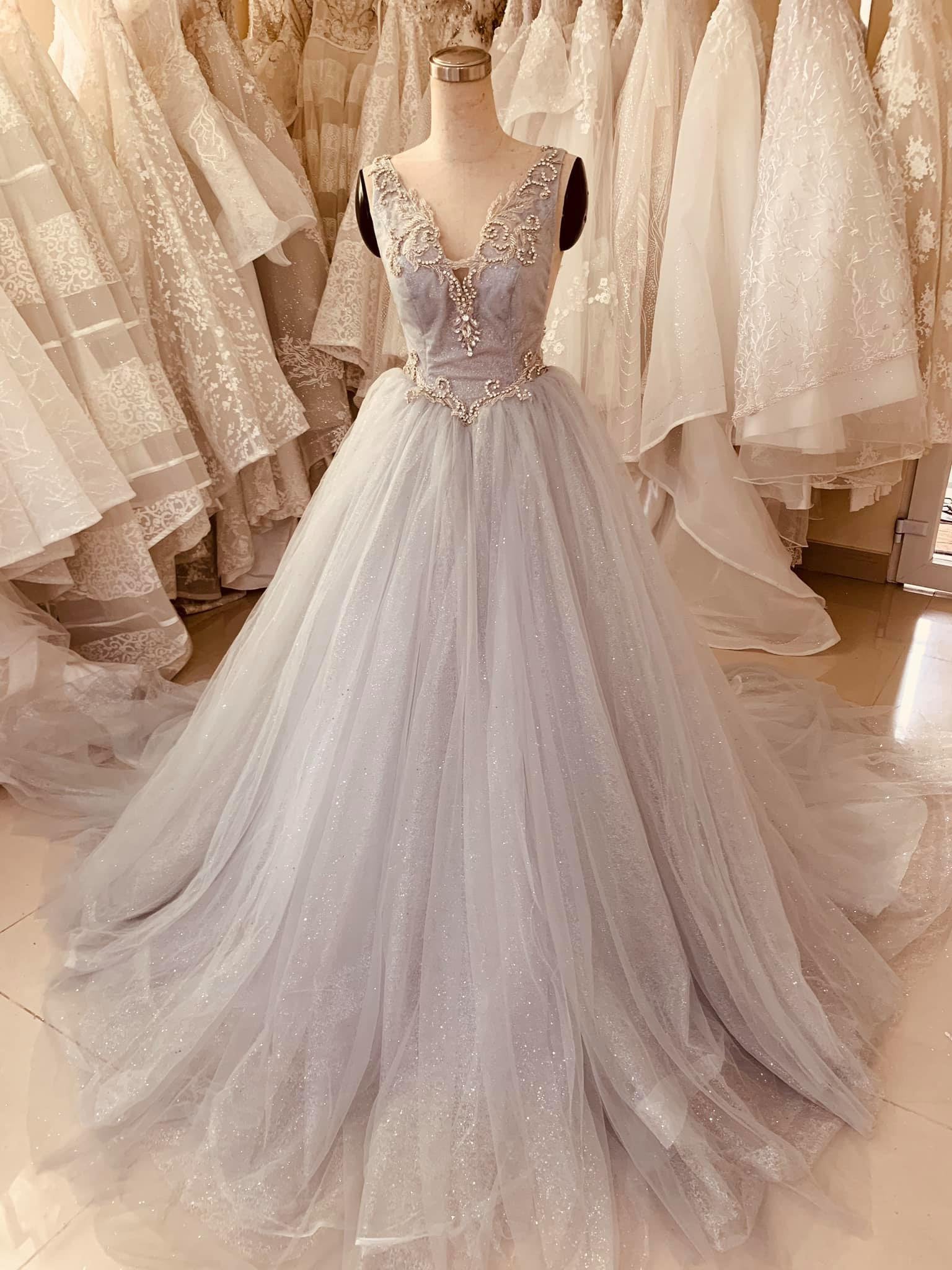 Pastel grey beaded A-line wedding dress with glitter tulle and court train