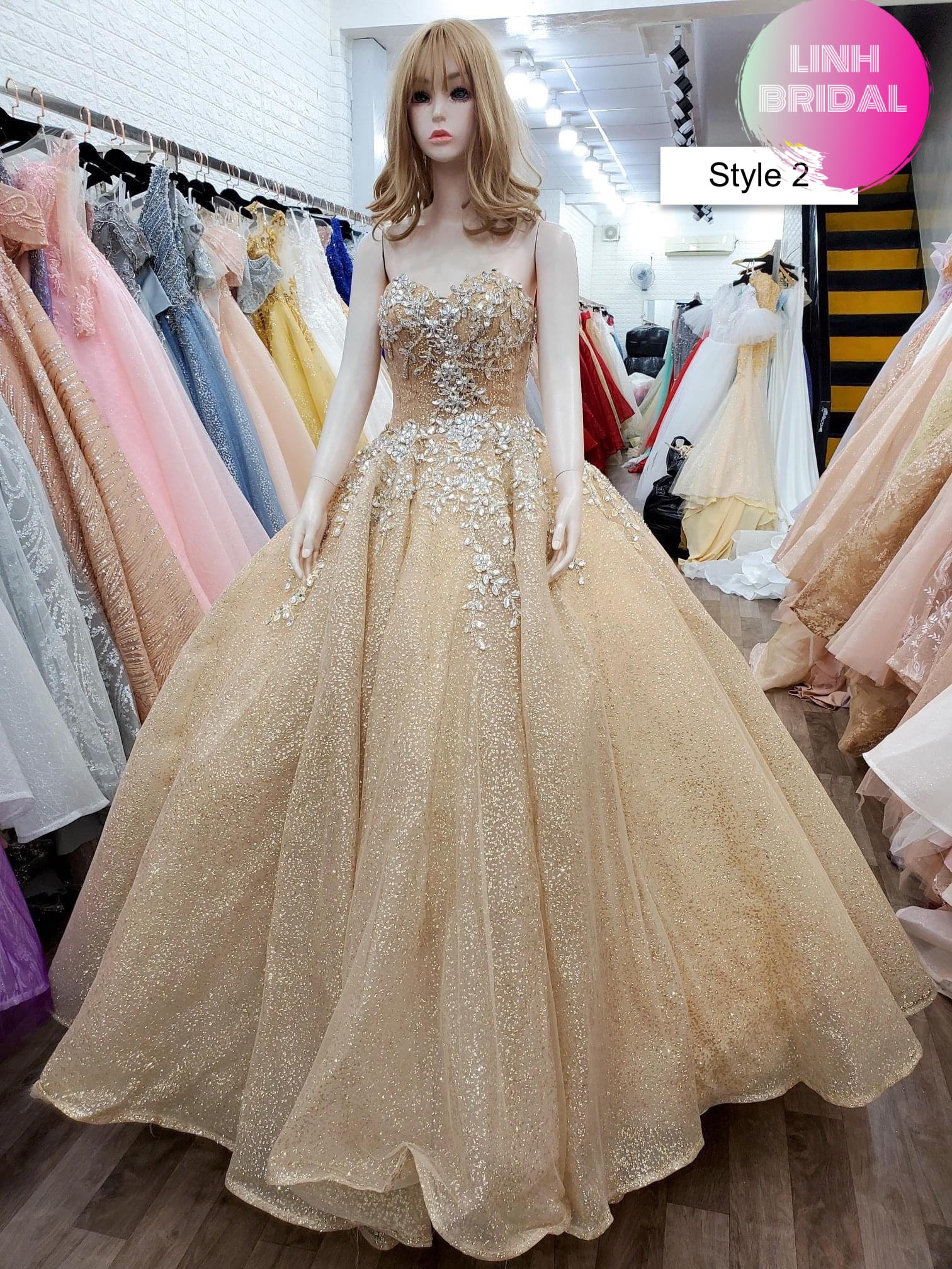 Royal gold beaded crystals sparkle ball gown wedding dress
