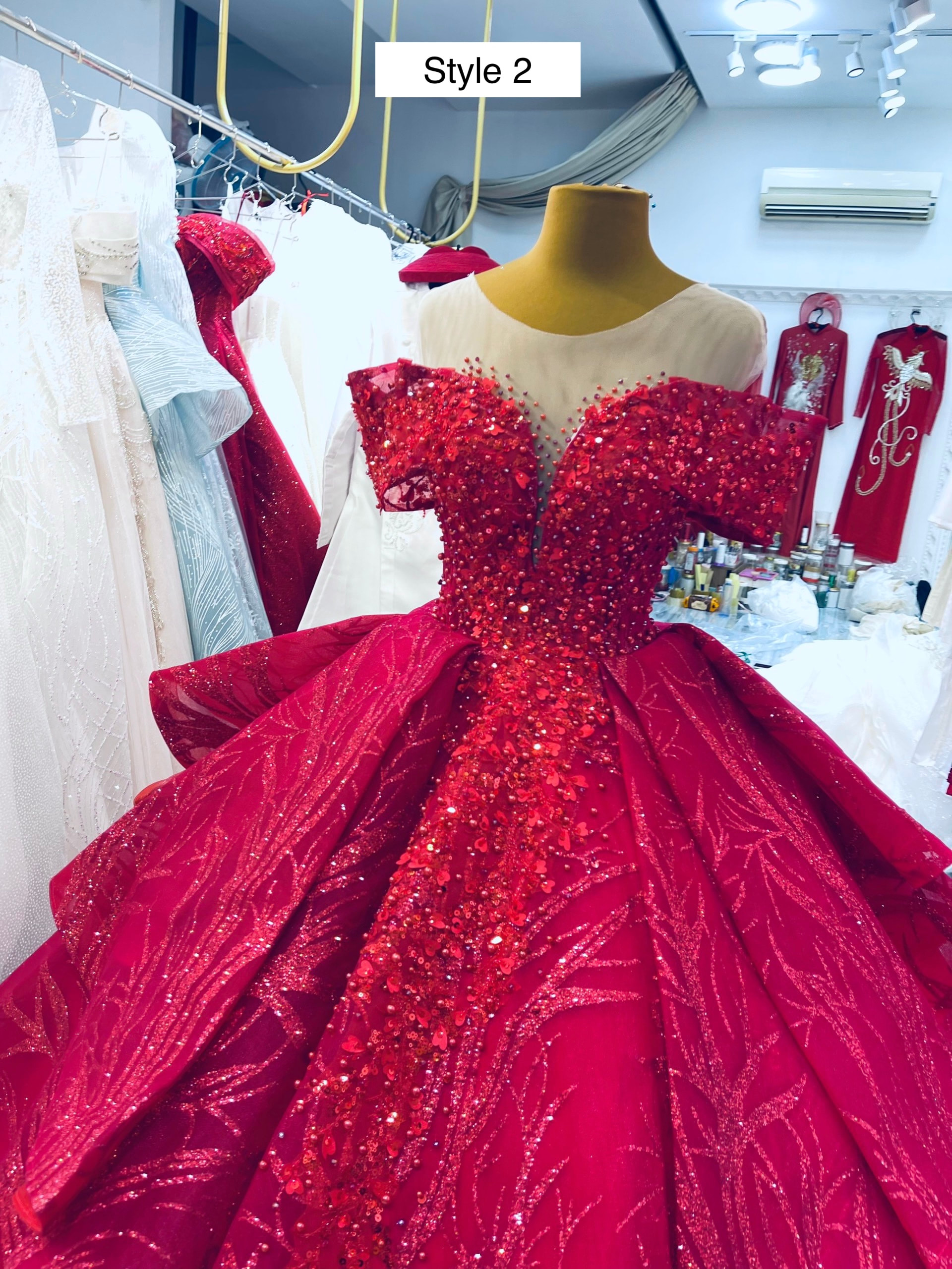 Fiery red - Sparkle ball gown cap sleeves/sleeveless wedding dress with  beaded bodice & glitter tulle