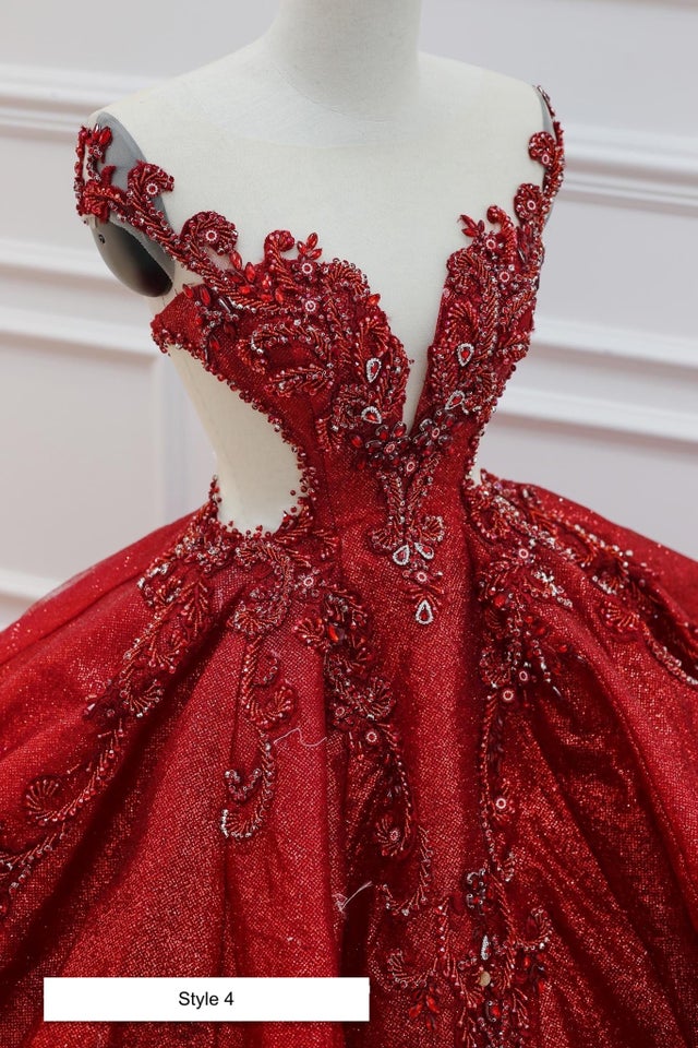 Fiery red - Sparkle ball gown cap sleeves/sleeveless wedding dress with