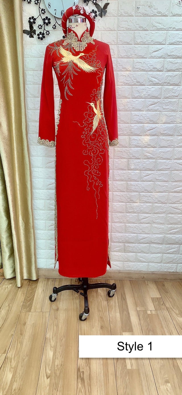 Traditional red or pink Vietnamese Wedding Ao Dai in chiffon with ...