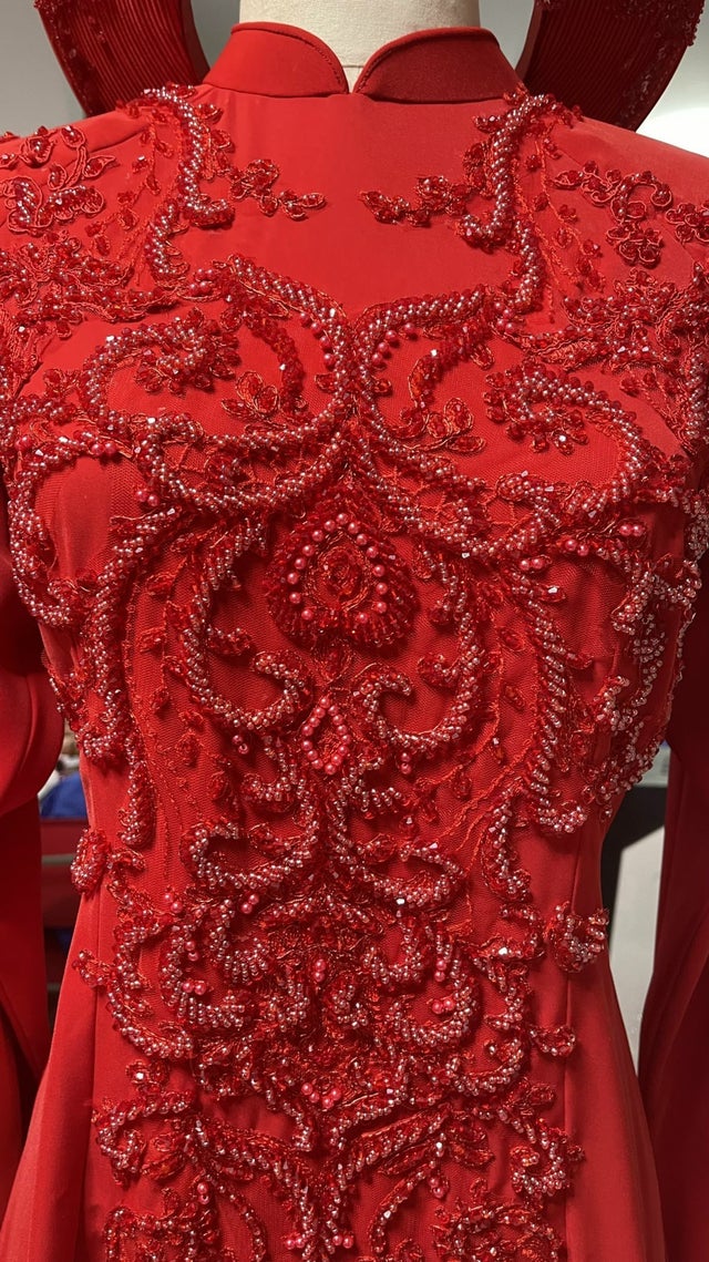 Traditional Vietnamese Wedding Ao Dai in red with beaded lace ...