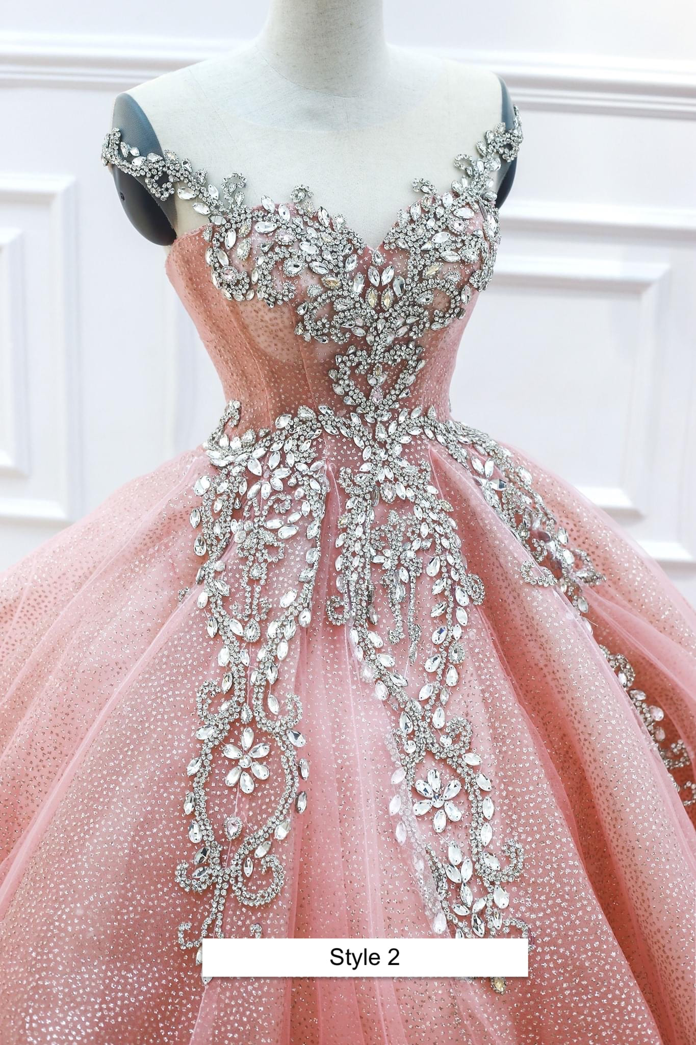 Rose gold or pink beaded bodice cap sleeves sparkle ball gown wedding