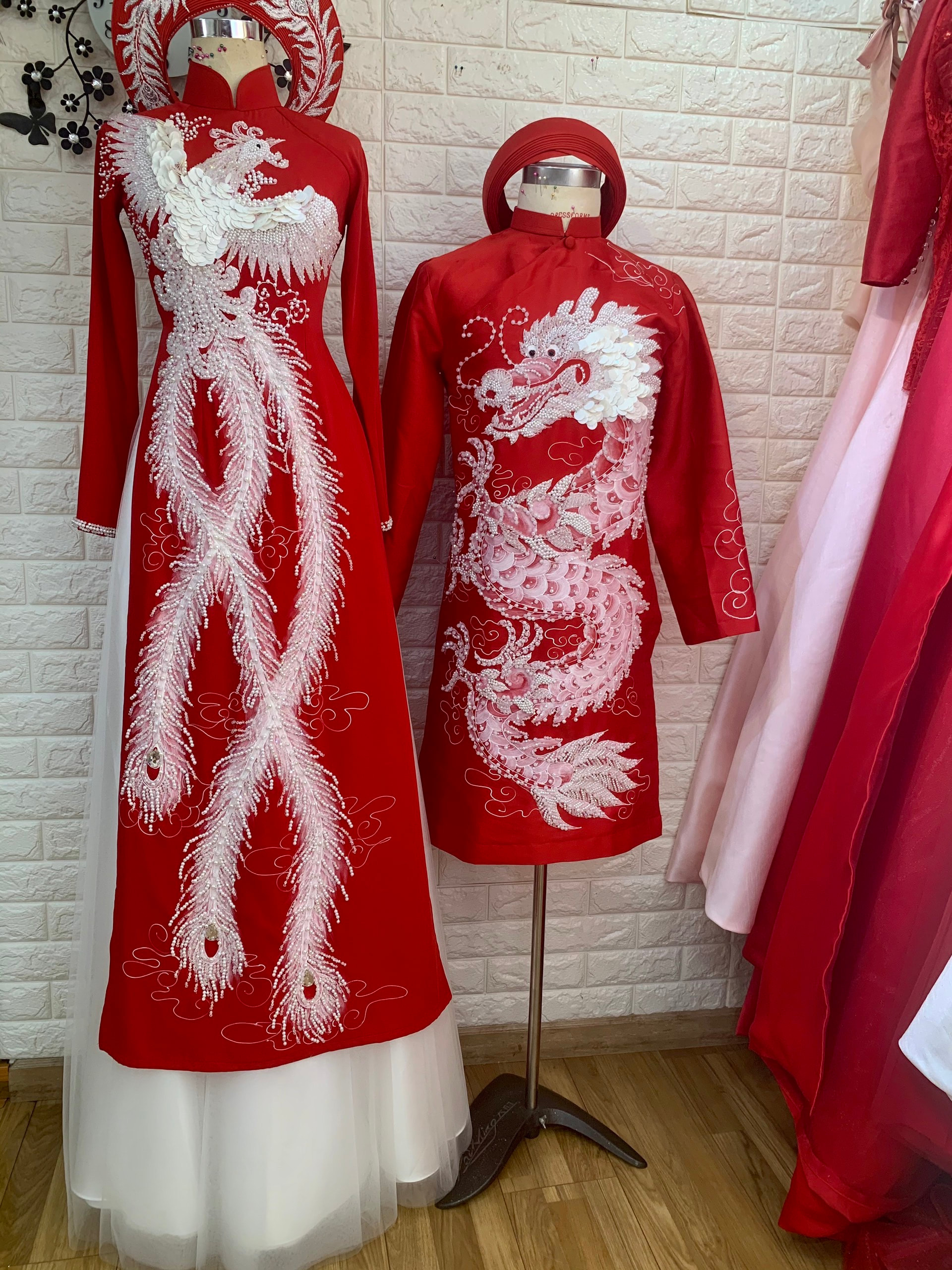Traditional Vietnamese Wedding Ao Dai in red with beaded phoenix and dragon  - optional head piece - couple or single - various styles