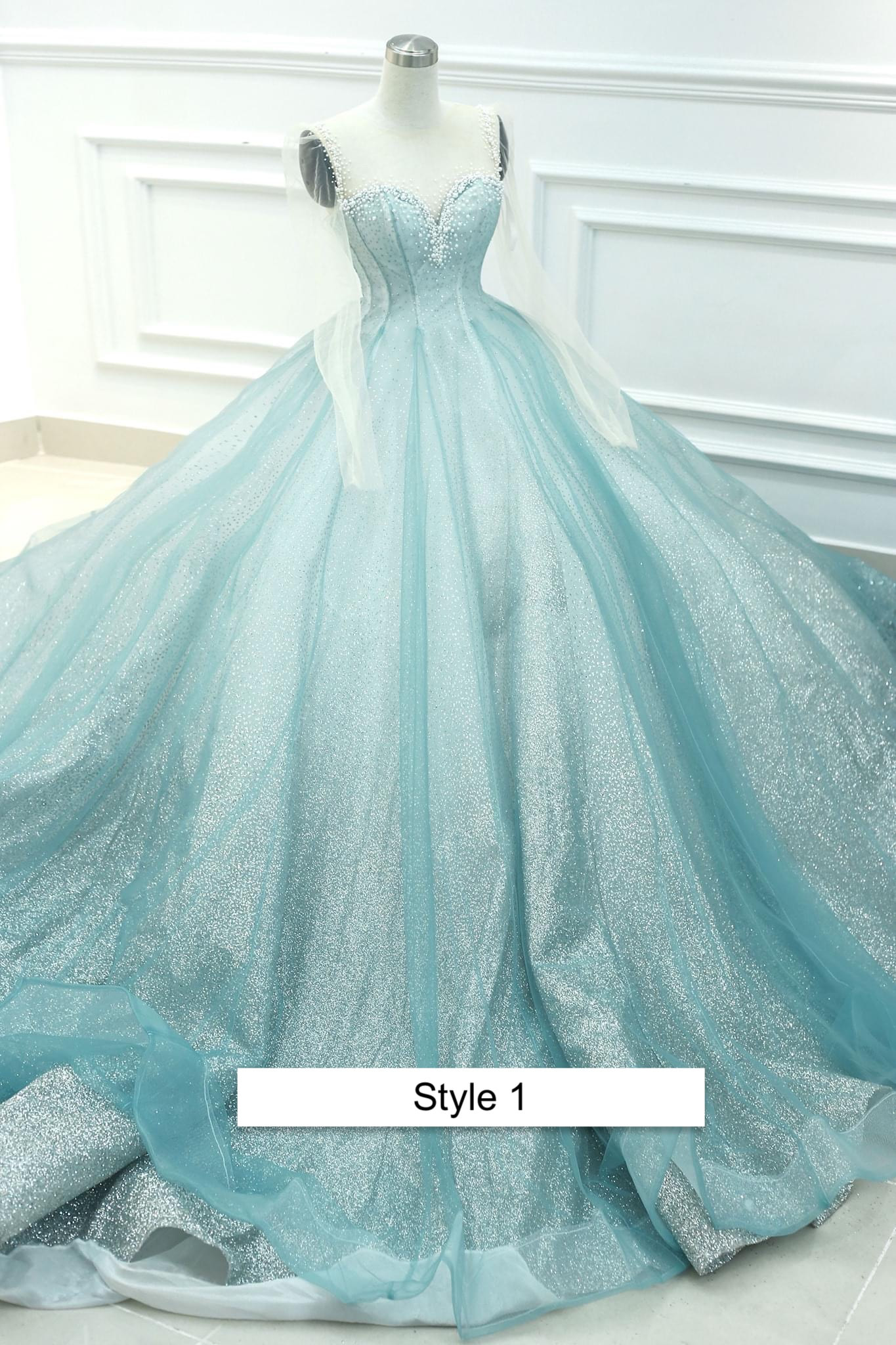 Aqua blue - mint blue - sky blue beaded sparkle ball gown wedding dress