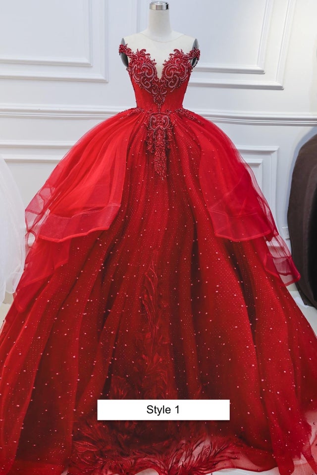 Princess red cap sleeves tiered skirt ball gown wedding/prom dress with ...