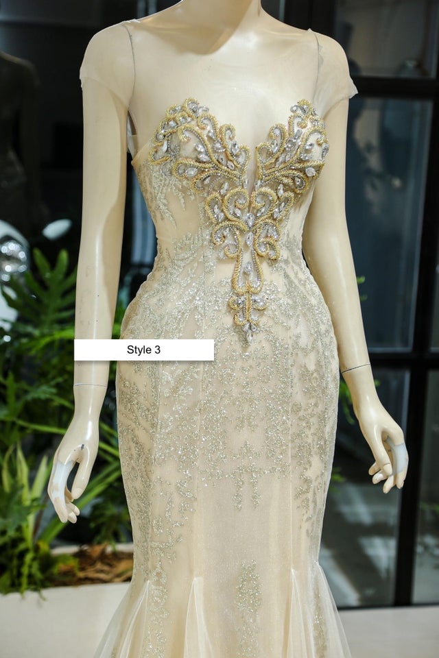 Gold beaded bodice trumpet wedding/evening dress with glitter tulle ...